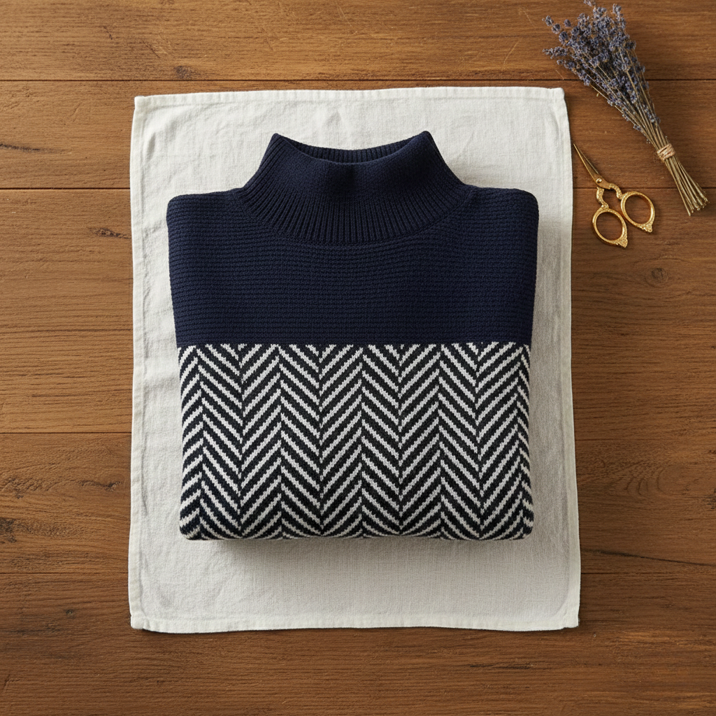 Cotton Turtleneck Dark Blue with Zigzag Pattern