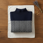 Cotton Turtleneck Dark Blue with Zigzag Pattern