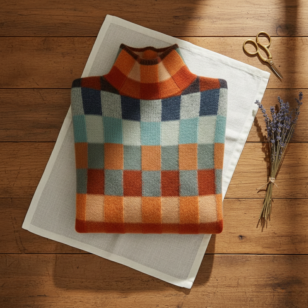 Cotton Checkered Sweater in Autumn Colors