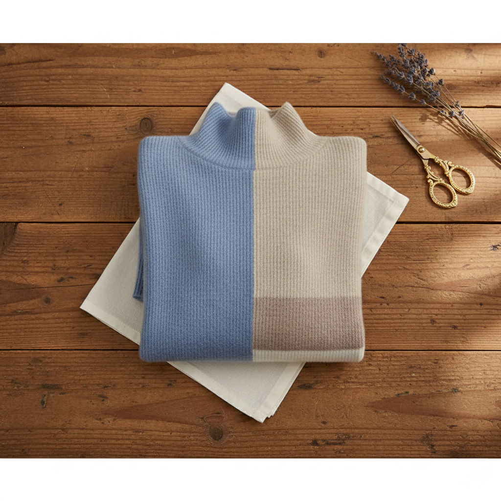 Cotton Sweater in Block Pattern Blue-Beige