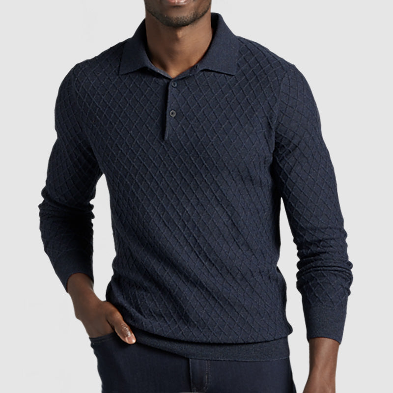 Men's Casual Lapel Textured Long Sleeve Polo Shirt