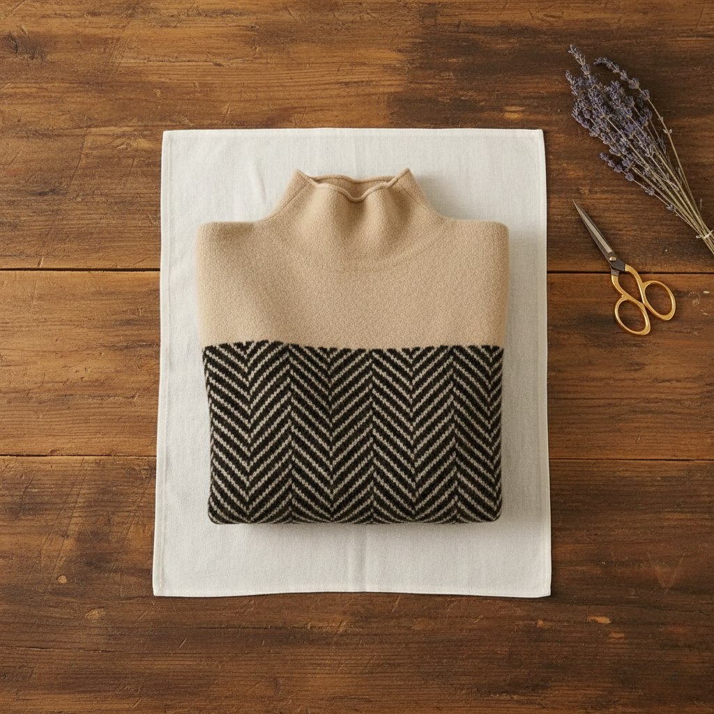 Cotton Turtleneck Dark Blue with Zigzag Pattern