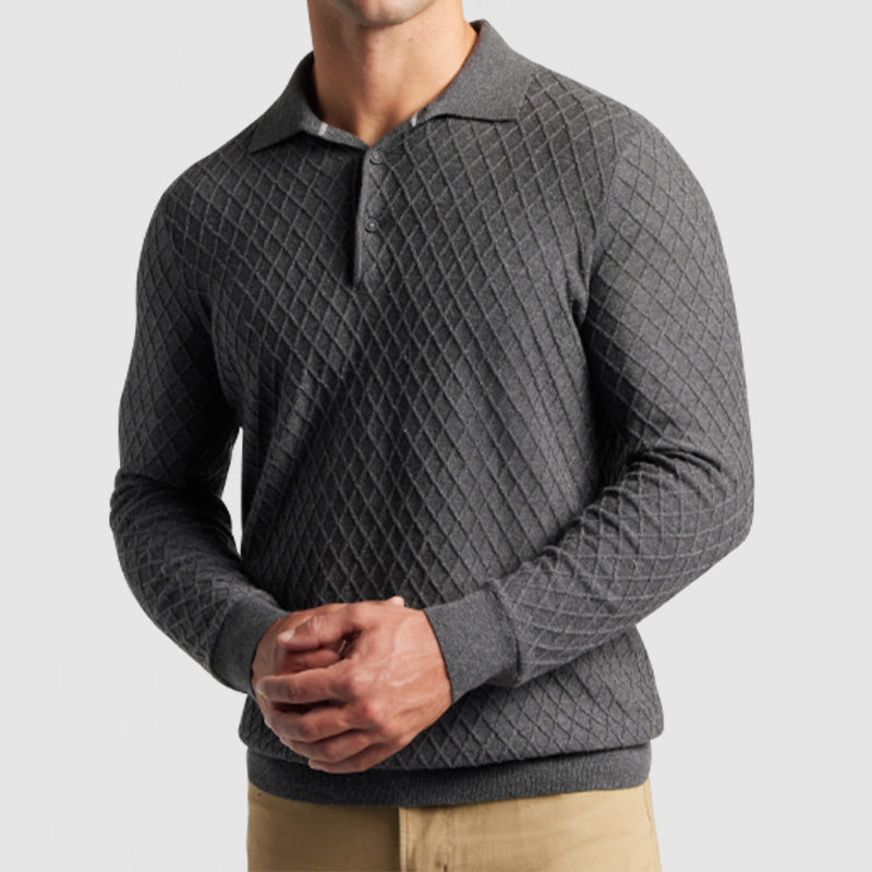 Men's Casual Lapel Textured Long Sleeve Polo Shirt