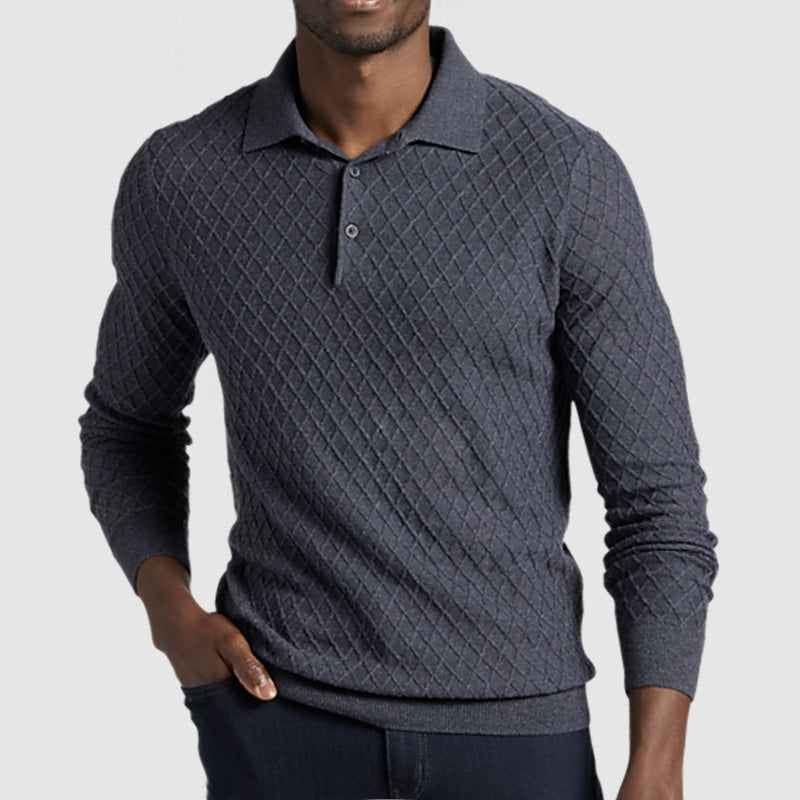 Men's Casual Lapel Textured Long Sleeve Polo Shirt