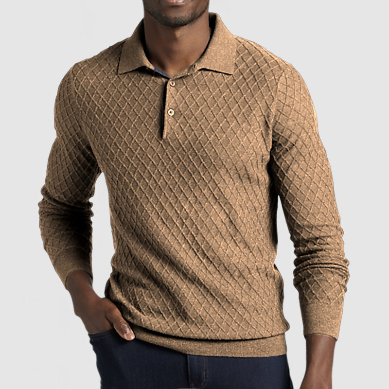 Men's Casual Lapel Textured Long Sleeve Polo Shirt