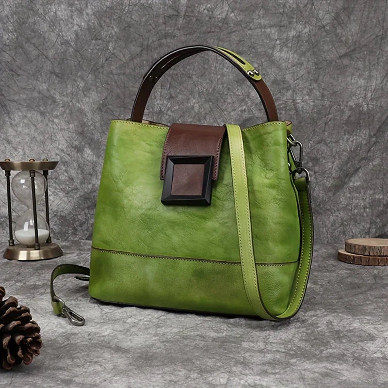 Vintage-style Solid Color Genuine Leather Crossbody Bag