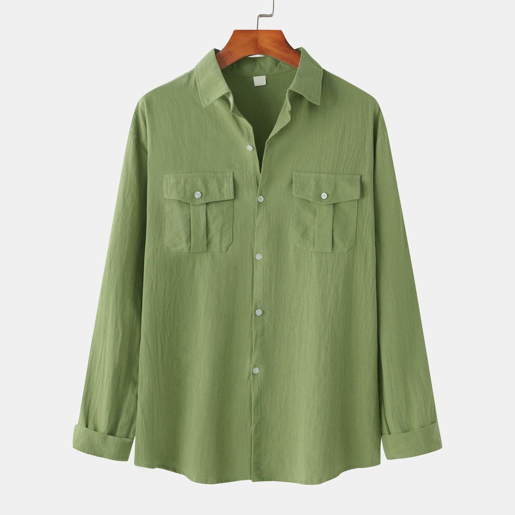 New autumn and winter men's cotton and linen solid color double pocket long-sleeved shirt - make autumn and winter wear more textured