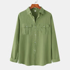 New autumn and winter men's cotton and linen solid color double pocket long-sleeved shirt - make autumn and winter wear more textured