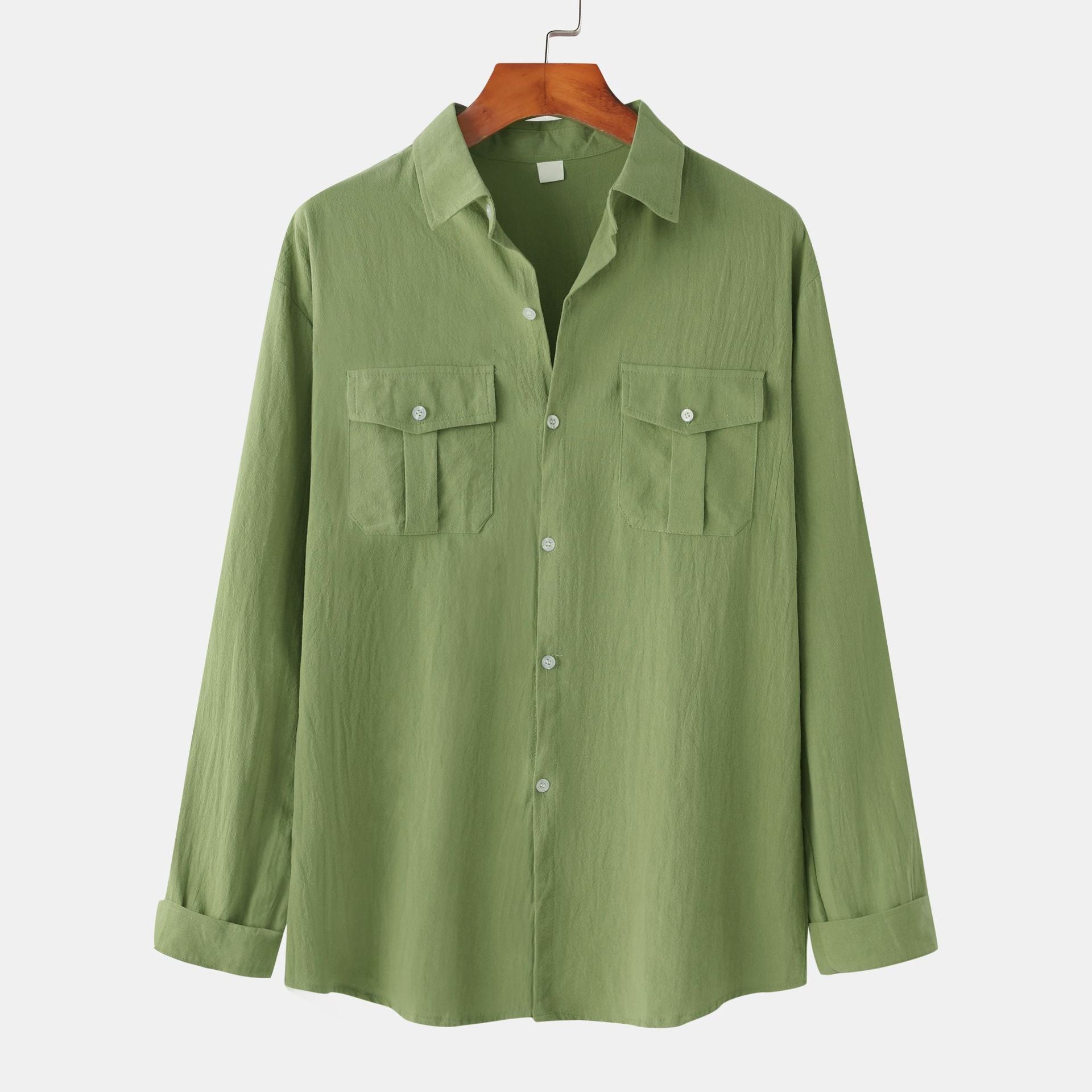 New autumn and winter men's cotton and linen solid color double pocket long-sleeved shirt - make autumn and winter wear more textured