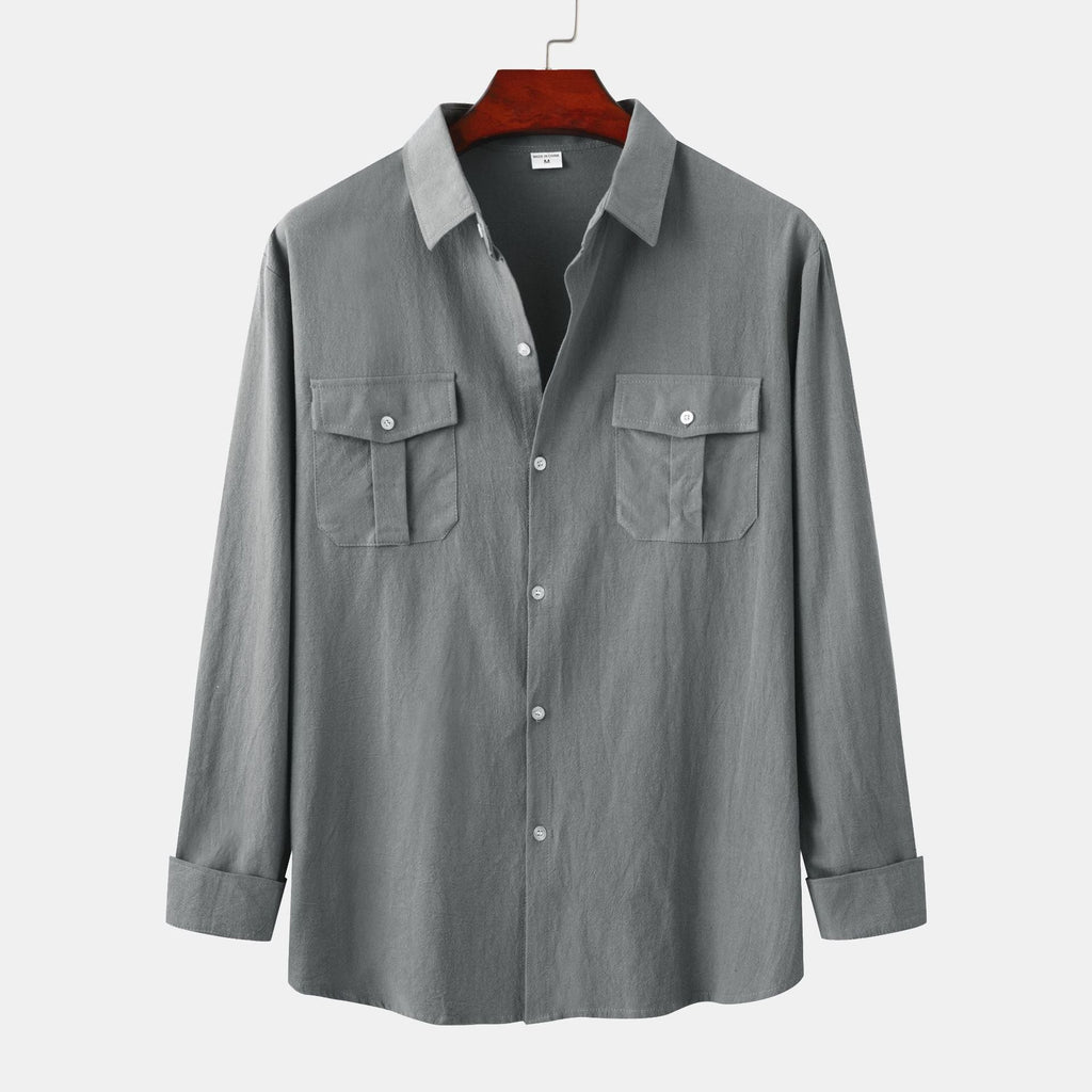 New autumn and winter men's cotton and linen solid color double pocket long-sleeved shirt - make autumn and winter wear more textured