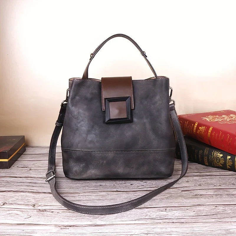 Vintage-style Solid Color Genuine Leather Crossbody Bag