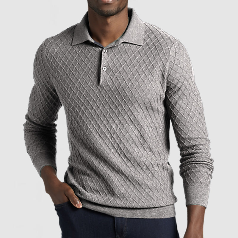 Men's Casual Lapel Textured Long Sleeve Polo Shirt