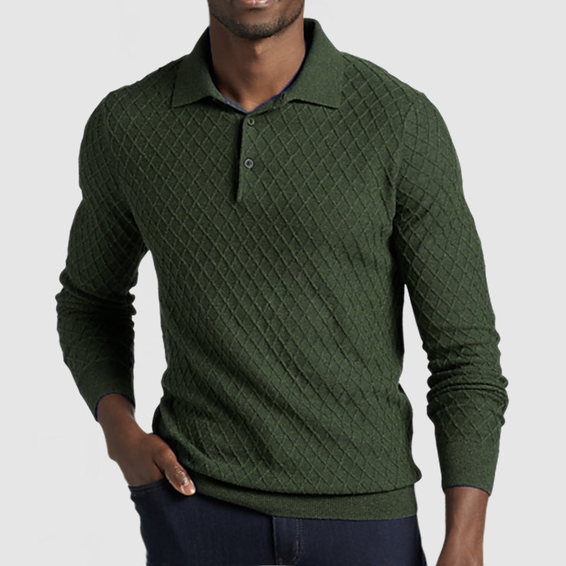 Men's Casual Lapel Textured Long Sleeve Polo Shirt